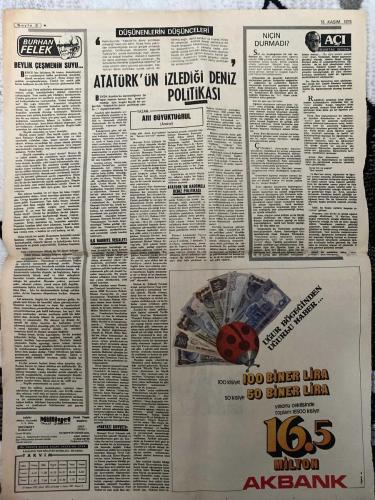 MİLLİYET GAZETESİ - DOĞUM GÜNÜ HEDİYESİ (TURKISH NEWSPAPPER) - 15 KASIM 1975 - SADECE İKİ SAYFADIR -M. Ali Birand-Rauf Denktaş-Yılmaz Güney-Burhan Felek-Atıf Büyüktuğrul-Mümtaz Soysal-Denktaş BM Genel Kurulunda konuşamıyor-Hükümet bulunamayan mallarla ilgili tedbirleri görüştü-Boğaz’daki yapılar tek tek saptandı-İlk Türk nakliye uçağı Mayıs ayında uçacak-Bomba ihbarı yapılınca güzeller yarı çıplak odalarından fırladı-ABD üsler konusunda cevabını haftaya veriyor-En yaşlı film yapımcısı-Beylik çeşmenin suyu-Atatürk’ün izlediği deniz politikası-Niçin durmadı-Kadınlar kocaların eğitilmesini istedi-Rum yönetimi Türk vatandaşının Kıbrıs’a vizesiz girmesine karşı çıktı-Kayseri’de kurulacak uçak tesisinde yılda 15 uçak yapılacak-Franco dün öldü öldürüldü-Eskişehir İTİA’da boykot başladı-CHP’li Özbay İstanbul Belediyesi parasızlıktan iş göremiyor-Yılmaz Güney Ankara cezaevinde açlık grevi başladığını açıkladı-Cumalıoğlu AP Meclis Başkanlığı konusunda samimi değil-Atatürk’ün kademeli deniz polit