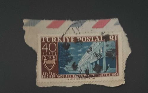 Türk Pulu - Turkish Stamp - Mektup Zarfından Kesilmiş /Postadan Geçmiş Pul Filateli - Damgalı - SİYASAL BİLGİLER FAKÜLTESİNİN 100. YILI 1959 TEMALI PUL , 40 KURUŞ - Türkiye Cumhuriyeti - NOSTALJİK DOĞUM GÜNÜ HEDİYESİ