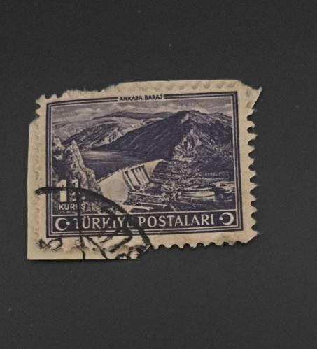 Türk Pulu - Turkish Stamp - Mektup Zarfından Kesilmiş /Postadan Geçmiş Pul Filateli - Damgalı - ANKARA BARAJI TEMALI PUL , 1 1/2 KURUŞ - Türkiye Cumhuriyeti - NOSTALJİK DOĞUM GÜNÜ HEDİYESİ