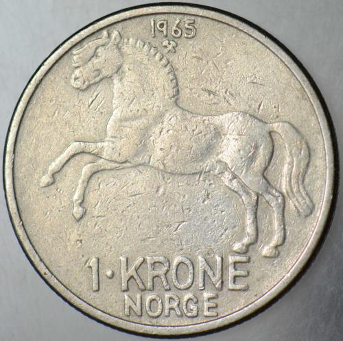 NORVEÇ 1 KRON 1965 KRAL 5. OLAV DÖNEMİ. 25 mm. AT TEMALI.