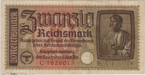 ALMANYA 20 MARK 1929 NAZİ-HİTLER DÖNEMİ 1931-48 ARASI KULLANILMIŞTIR. ÇOK ÇOK TEMİZ(-)