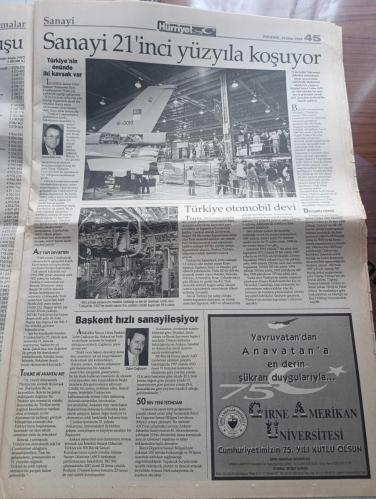 Hürriyet 75. Yıl Gazetesi - Turkish Newspaper - 29 Ekim 1998 - biz altta imzası olanlar Hürriyetimizi 75 yıllık cumhuriyetimize borçluyuz- Doğan Holding Cumhuriyet Bayramı kutlu olsun Atatürk fotoğrafı tam sayfa  - Berlin olimpiyatlarında Celal Atik yine bir tuşa gidiyor  fotoğraf - olimpiyatta ilk madalya Hülya Şenyurt - Naim Süleymanoğlu - Tofaş Fiat Cumhuriyet Bayramı kutlu olsun - cumhuriyet'te ekonominin kilometre taşları - cumhuriyetin ilan edileceği O büyük gece fotoğraf - cumhuriyetle yaşıt sanayicilerimiz İdris Yamantürk Adil Karaağaç Ve Vitali Hakko - devletin dini İslam dini Türkçe - Mustafa Kemal Atatürk ve İsmet İnönü cephedeki gibi sivil yönetimde de hep beraberdiler Fotoğrafı - değişmeyen hedef Avrupa - Atatürk sporda fair play kavramını ortaya atan ilk liderdi - Atatürk'ün bir anısı aylığından kesiniz efendim - ilk bayan yüzücü Leyla Asım Turgut Fotoğrafı - ilk milli maçımız 26 Ekim 1923 Fotoğrafı - Kral Metin Oktay - olimpiyat şampiyonları - Yaşar Doğu - 29 Ekim 1923
