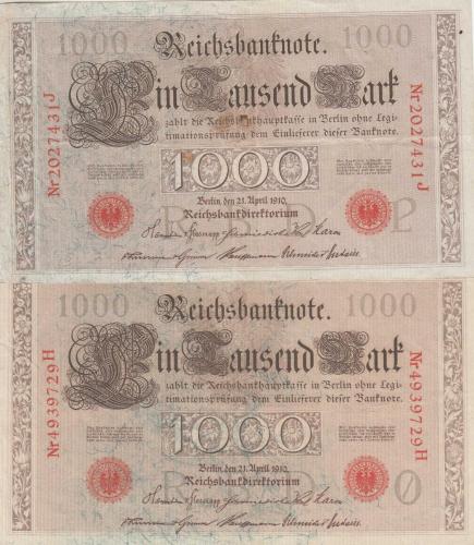 ALMANYA 1910 YILI 2 ADET KIRMIZI MÜHÜR 1000 MARK / ÇOK TEMİZ - ÇOK ÇOK TEMİZ KONDİSYON