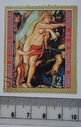 Ekvator Ginesi Cumhuriyeti  NÜ Tablolar konulu  Damgalı Pul Peter Paul Rubens'in Barış ve Savaş Alegorisi tablosunun bir kısmı