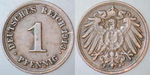 ALMANYA 1 PFENNIG 1913 F. KAYZER II. WİLHELM DÖNEMİ.