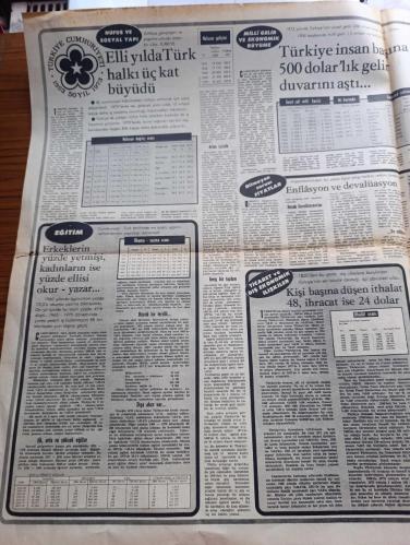 Milliyet 50. Yıl Gazetesi - Turkish Newspaper - 29 Ekim 1973 - İsmet İnönü Cumhuriyeti ilan eden kanunu Atatürk söyledi Ben yazdım Fotoğrafı - Cevdet Sunay 50 yılda çok sıkıntı çektik ama hepsini de yendik Fotoğrafı - Fahri Korutürk Türkiye'yi sosyal ve ekonomik sınavlar bekliyor Fotoğrafı - Cumhuriyeti nasıl ilan ettik - Celal Bayar rahatsız bulunduğunu söyleyerek düşüncelerini özür dileyerek açıklamamıştır - Elli Yılda Türk halkı üç kat büyüdü - nüfusun dağılış oranı - erkeklerin %70'i kadınların ise %50'si okur yazar - okuma yazma oranı tablosu - Cumhuriyet Türk tarihinde en köklü eğitim reformlarının yapıldığı dönemdir - nüfusun gelişimi tablo - 50. Yıl marşı söz Bekir Sıtkı Erdoğan müzik Necil Kazım Akses - 1923 meclisinde 1973 meclisinde fotoğraflar - enflasyon ve devalüasyon - para ve bankacılık - elektrik üretimi yılda %12 artıyor ve yetmiyor - 1970'lerde sanayi ilk olarak tarımı geride bıraktı - Her bin kişiye 4 araba ve 16 telefon düşüyor - 29 Ekim 1923