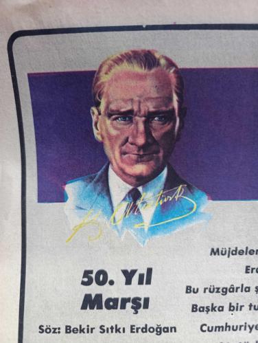 Milliyet 50. Yıl Gazetesi - Turkish Newspaper - 29 Ekim 1973 - İsmet İnönü Cumhuriyeti ilan eden kanunu Atatürk söyledi Ben yazdım Fotoğrafı - Cevdet Sunay 50 yılda çok sıkıntı çektik ama hepsini de yendik Fotoğrafı - Fahri Korutürk Türkiye'yi sosyal ve ekonomik sınavlar bekliyor Fotoğrafı - Cumhuriyeti nasıl ilan ettik - Celal Bayar rahatsız bulunduğunu söyleyerek düşüncelerini özür dileyerek açıklamamıştır - Elli Yılda Türk halkı üç kat büyüdü - nüfusun dağılış oranı - erkeklerin %70'i kadınların ise %50'si okur yazar - okuma yazma oranı tablosu - Cumhuriyet Türk tarihinde en köklü eğitim reformlarının yapıldığı dönemdir - nüfusun gelişimi tablo - 50. Yıl marşı söz Bekir Sıtkı Erdoğan müzik Necil Kazım Akses - 1923 meclisinde 1973 meclisinde fotoğraflar - enflasyon ve devalüasyon - para ve bankacılık - elektrik üretimi yılda %12 artıyor ve yetmiyor - 1970'lerde sanayi ilk olarak tarımı geride bıraktı - Her bin kişiye 4 araba ve 16 telefon düşüyor - 29 Ekim 1923