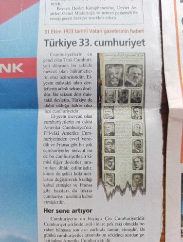 Milliyet Cumhuriyet'in İlk Günü Özel Gazetesi - Turkish Newspaper - 29 Ekim 2005 - Atatürk mecliste nutkunu okurken  Fotoğrafı - 31 Ekim 1923 tarihli batan gazetesinin haberi Fotoğrafı - eski gazeteleri yayına hazırlamak için nasıl bir çalışma yapıldı - Beyazıt Devlet kütüphanesi müdürü Şerafettin Koca'dan gerekli izin alınarak 3 aylık ciltler halinde gazeteler depodan çıkartılarak fotoğraflandı - İsmet İnönü Cumhuriyeti ilan eden kanunu Atatürk söyledi ben yazdım - Cumhuriyeti nasıl ilan ettik - 50 yılda neler değişti - erkeklerin %70'i kadınların ise %50'si okur yazar oldu - kişi başı gelir 500 doları açtı - 1923 yılında okul sayısı 4998 iken 1973 yılında Bu sayı 41.894'e ulaştı - eski Türkçe gazete fotoğraf - eski Türkçe gazetelerde İsmet İnönü ve Atatürk'ün fotoğrafları - İkdam Gazetesi Rebi'ül-evvel 1342 gazetesinin tıpkıbasımı - beni Türkiye devletinin şekli hükumeti cumhuriyettir - Gazi Paşa'nın Nutku - Cumhuriyet 101 para topla şehrimizde ilan edildi - 29 Ekim 1923