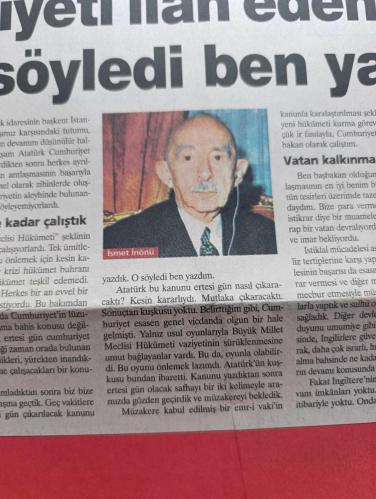 Milliyet Cumhuriyet'in İlk Günü Özel Gazetesi - Turkish Newspaper - 29 Ekim 2005 - Atatürk mecliste nutkunu okurken  Fotoğrafı - 31 Ekim 1923 tarihli batan gazetesinin haberi Fotoğrafı - eski gazeteleri yayına hazırlamak için nasıl bir çalışma yapıldı - Beyazıt Devlet kütüphanesi müdürü Şerafettin Koca'dan gerekli izin alınarak 3 aylık ciltler halinde gazeteler depodan çıkartılarak fotoğraflandı - İsmet İnönü Cumhuriyeti ilan eden kanunu Atatürk söyledi ben yazdım - Cumhuriyeti nasıl ilan ettik - 50 yılda neler değişti - erkeklerin %70'i kadınların ise %50'si okur yazar oldu - kişi başı gelir 500 doları açtı - 1923 yılında okul sayısı 4998 iken 1973 yılında Bu sayı 41.894'e ulaştı - eski Türkçe gazete fotoğraf - eski Türkçe gazetelerde İsmet İnönü ve Atatürk'ün fotoğrafları - İkdam Gazetesi Rebi'ül-evvel 1342 gazetesinin tıpkıbasımı - beni Türkiye devletinin şekli hükumeti cumhuriyettir - Gazi Paşa'nın Nutku - Cumhuriyet 101 para topla şehrimizde ilan edildi - 29 Ekim 1923