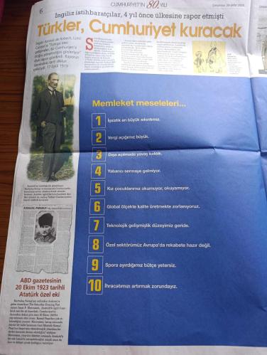 Akşam Cumhuriyet'in 80. Yılı Gazetesi - Turkish Newspaper - 29 ekim 2003  - Atatürk'ün fotoğrafı VomART - en büyük bayram kutlu olsun - işgal altındaki İstanbul'da Cumhuriyetin ilanından 5 yıl önce direniş meşalesini akşam yakmıştı fotoğraflar - İngiliz istihbaratçılar 4 yıl önce ülkesine rapor etti Türkler Cumhuriyet kuracak - Akşamın kurucularından Falih Rıfkı Atay Fotoğrafı - 1922 Ekim'inde bile tapuda Rum kuyruğu - Mustafa Kemal'in sicilinde cumhuriyetçi yazıyordu - Atatürk bir başka sırdaşı Mazhar Müfit Kansu'yla Fotoğrafı - Mustafa Kemal 49 gün önce sırrını Falih Rıfkı Atay'a açtı hükümetin şekli Cumhuriyet olacak - Atatürk cumhuriyeti zemin hazırlamak için hükümet boşluğu yarattı - Müfettip Atatürk gazete matbaasında ne dizdi - Enver Paşa Mustafa Kemal'in ağzını arattı - Atatürk'ün İsmet inönü'yü ateşle imtihanı mı - ABD gazetesinin 20 Ekim 1923 tarihli Atatürk özel eki Fotoğrafı - Mustafa kemal'den Avusturya gazetesine dünyayı sarsan açıklama - 29 Ekim 1923