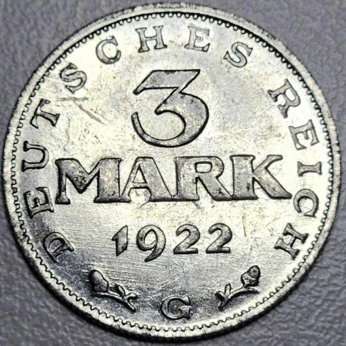 1922 - WEIMAR CUMHURİYETİ - 3 Mark (G)  ( ÇİL ALTI )