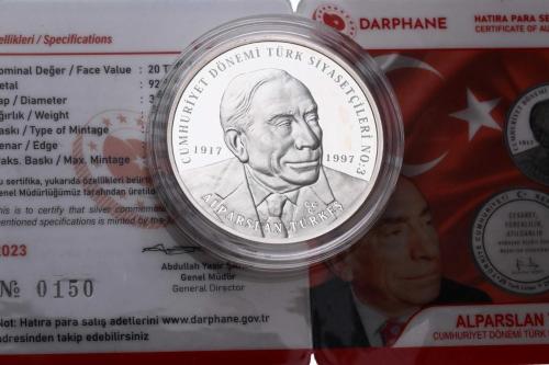 2023 - Alparslan Türkeş Cumhuriyet Dönemi Türk Siyasetçileri No:3 Gümüş Hatıra Para *Sertifikalı* - ÇİL TCH444 #241