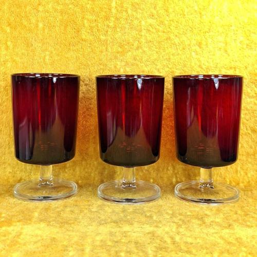 VINTAGE 3 ADET BÜYÜK BOY KIRMIZI RENKLİ , AYAKLI CAM BARDAK MADE IN FRANCE