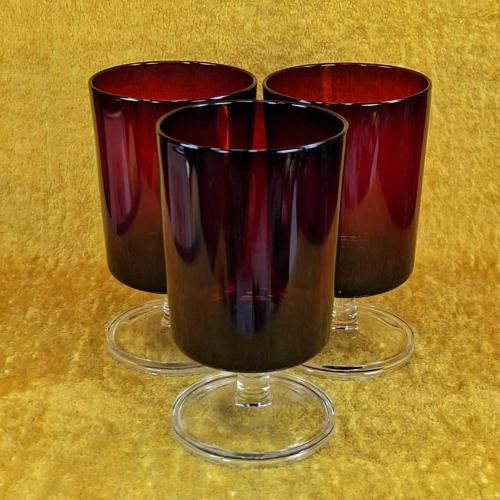 VINTAGE 3 ADET BÜYÜK BOY KIRMIZI RENKLİ , AYAKLI CAM BARDAK MADE IN FRANCE