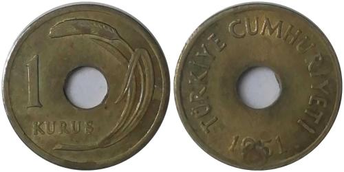 1951 Yılı 1 Kuruş Delikli ÇİL (-)