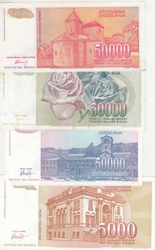 YUGOSLAVYA 4 ADET YABANCI KAĞIT PARA LOTU / ÇOK ÇOK TEMİZ KONDİSYON