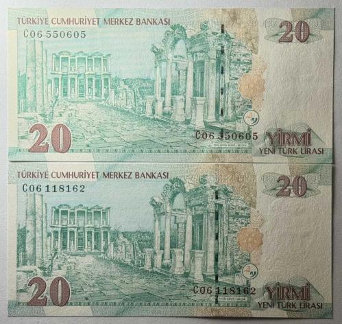 8. Emisyon 20 YTL Yeni Türk Lirası C06 Filigran Farklı Takım C06 550605 - C06 118162 Çil Kondisyonda Çok Nadir (Bilinen Tek Örnektir)