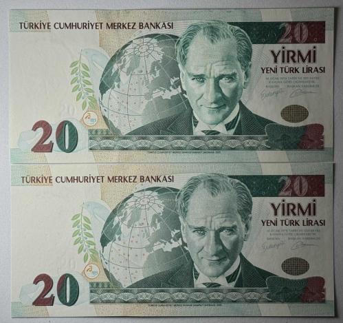 8. Emisyon 20 YTL Yeni Türk Lirası C06 Filigran Farklı Takım C06 550605 - C06 118162 Çil Kondisyonda Çok Nadir (Bilinen Tek Örnektir)