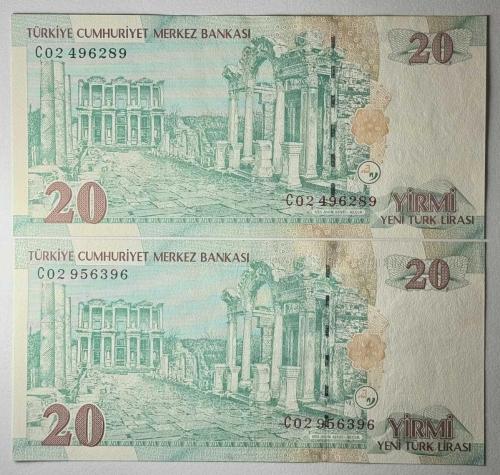 8. Emisyon 20 YTL Yeni Türk Lirası C02 Filigran Farklı Takım C02 956396 - C02 496289 Çok Çok Temiz++ Kondisyonda Çok Nadir (Bilinen 4-5 Örnekten Biri)
