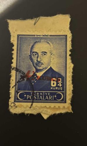 Türk Pulu - Turkish Stamp - Mektup Zarfından Kesilmiş / Postadan Geçmiş Pul Filateli - DAMGALI - İSMET İNÖNÜ TEMALI PUL, 6 3/4 KURUŞ - Türkiye Cumhuriyeti - NOSTALJİK DOĞUM GÜNÜ HEDİYESİ