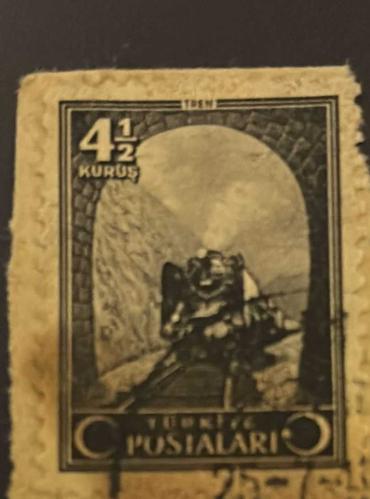 Türk Pulu - Turkish Stamp - Mektup Zarfından Kesilmiş / Postadan Geçmiş Pul Filateli - DAMGALI - TREN TEMALI PUL,  4 1/2 KURUŞ - Türkiye Cumhuriyeti - NOSTALJİK DOĞUM GÜNÜ HEDİYESİ