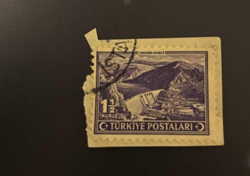 Türk Pulu - Turkish Stamp - Mektup Zarfından Kesilmiş / Postadan Geçmiş Pul Filateli - İSTANBUL DAMGALI - ANKARA BARAJI TEMALI PUL,  1 1/2 KURUŞ - Türkiye Cumhuriyeti - NOSTALJİK DOĞUM GÜNÜ HEDİYESİ