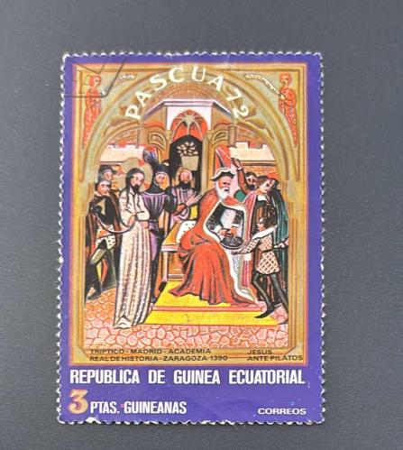 Ekvator Ginesi Pulu - Equatorial Guinea Stamp - Postadan Geçmiş Pul Filateli  - Damgalı - İsa'nın Pilatus'un Önünde Olduğu Tasvir Eden Paskalya Temalı Pul , 3 PARA - YABANCI PULLAR - NOSTALJİK DOĞUM GÜNÜ HEDİYESİ