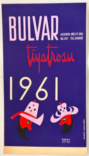Bulvar Tiyatrosu Karton Reklam Afişi (1961) Linol Baskı (Hacivat Karagöz) Erkan Yolaç Çizimi (25*45cm)