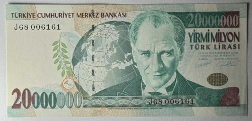 7. Emisyon 20 Milyon Türk Lirası J68 006161 Çil Kondisyonda Koleksiyonluk Eski Para