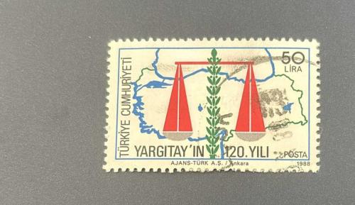 Türk Pulu - Turkish Stamp -  Postadan Geçmiş Pul Filateli - DAMGALI - YARGITAY'IN 120.YILI TEMALI PUL, 50 LİRA - Türkiye Cumhuriyeti - NOSTALJİK DOĞUM GÜNÜ HEDİYESİ -1988