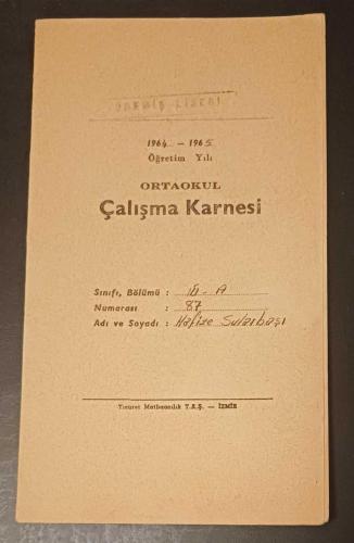 1964 - 1965 Öğretim Yılı Lise ÇALIŞMA KARNESİ ; İzmir, Karşıyaka Özel Numune Kız Koleji