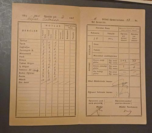 1964 - 1965 Öğretim Yılı Lise ÇALIŞMA KARNESİ ; İzmir, Karşıyaka Özel Numune Kız Koleji