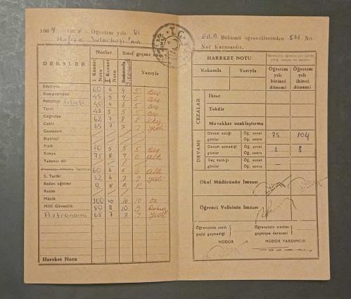 1967 - 1968 Öğretim Yılı Lise ÇALIŞMA KARNESİ ; İzmir, Karşıyaka Kız Lisesi
