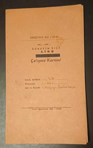 1965 - 1966 Öğretim Yılı Lise ÇALIŞMA KARNESİ ; İzmir, Karşıyaka Kız Lisesi
