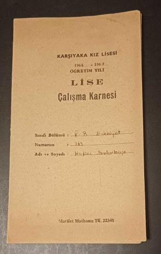 1966 - 1967 Öğretim Yılı Lise ÇALIŞMA KARNESİ ; İzmir, Karşıyaka Kız Lisesi