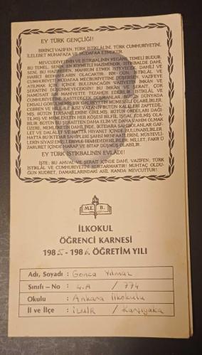 1985 - 1986 İlkokul ÖĞRENCİ KARNESİ ; İzmir, Karşıyaka Ankara İlkokulu