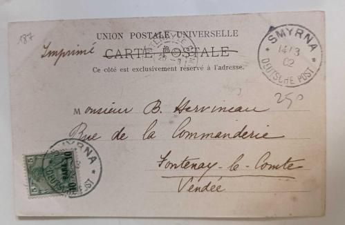 İzmir Almanya Reich Levant Posta Bürosu damgalı 1902 tarihli posta kartı