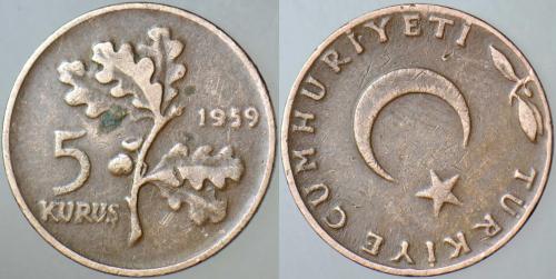 5 KURUŞ 1959 KALIP YÖNÜ HATALI-ERRÖR. EN NADİR TARİH.