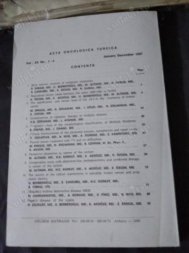 ACTA ONCOLOGICA TURCICA CİLT XX SAYI 1-2-3-4 1987 ANKARA ONKOLOJİ HASTANESİ BÜLTENİ