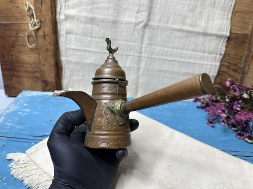 Antika Bakır Cezve - Dövme Bakır Mırra Cezvesi - Kuş Detaylı  Türk Kahve Cezvesi - Osmanlı Modeli
