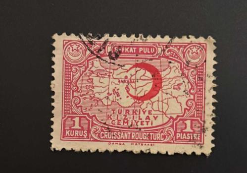 Türk Pulu - Turkish Stamp -  Postadan Geçmiş Pul Filateli - DAMGALI - TÜRKİYE KIZILAY CEMİYETİ ŞEFKAT PULU,  1 KURUŞ - Türkiye Cumhuriyeti - NOSTALJİK DOĞUM GÜNÜ HEDİYESİ