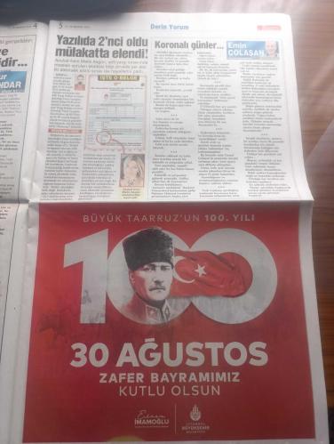Sözcü Gazetesi - Turkish Newspaper - 30 Ağustos 2022 - laiklik adam olmaktır - 30 Ağustos Zafer'inin 100. Yılı kutlu olsun - ulu önder Atatürk sadece savaşlarda değil çağdaş ve laik bir ülke kurarak ve büyük bir zafere imza atmıştır - Atatürk mecliste Fotoğrafı - Atatürk'ün silah arkadaşı Kılıç Ali tarihi  bir anısını şöyle anlatmıştı - liderlerden 30 Ağustos zafer bayramı mesajları - Recep Tayyip Erdoğan 30 Ağustos Türk milletinin neleri başarabileceğinin en açık ispatı olmuştur - Kemal Kılıçdaroğlu 30 Ağustos Atatürk'ün Millet egemenliğine bağlılığının nişanesidir - Devlet Bahçeli 30 Ağustos 1922'de Türkiye Cumhuriyeti'nin sönmeyecek meşalesi yakıldı - Atatürk kazandı bunu bil kahraman yazan Aytunç Erkin - 30 Ağustos dersi yazan Soner Yalçın - kara yürekliler ve 30 Ağustos yazan Rahmi Turan - Zafer Bayramı yazan Yılmaz Özdil - 26. Genelkurmay Başkanı İlker Başbuğ'dan tarihi gerçekler Uğur Dündar yazdı - ordular ilk hedefiniz akdeniz'dir ileri emri Fotoğrafı - 30 Ağustos 1922