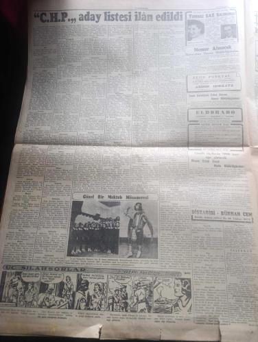 Cumhuriyet Gazetesi - Turkish Newspaper - 23 Nisan 1950 - Kutlu olsun yazan Nadir Nadi Başmakale - Atatürk ve çocuklar resim - Bugün 23 Nisan bayramını 30 uncu defa kutluyoruz - 1920 senesi nisanının 23 üncü günü Ankara'da Büyük Millet Meclisi açılmış ve bu suretle Türkiye Cumhuriyeti'nin temeli atılmıştır - her kazada 23 Nisan sebebiyle saat 10.30'da başlayacak törenlere kaymakamlar başkanlık edeceklerdir - çocuk bayramı  dolayısıyla yarın okullar kapalı olacaktır - Şişli çocuk Hastanesi'nde bir pavyon açılacaktır - Halide Edip Adıvar'ın ölmez eserinden filme çekilen ateşten gömlek Lale sinemasında - Müzeyyen Senar Işıl ve Ahmed Üstün turkuaz saz salonunda - Üç Silahşörler yazan Alexandre Dumas - 19 uncu asırda Kuruçeşme yazan Haluk Y. Şehsuvaroğlu - Hamiyet Yüceses Taksim kristal salonunda - İstanbul Ankara radyo programı - Tarabya Konak oteli açılmıştır - Fenerbahçe Galatasaray maçı - Vefa Beşiktaş takımları bugün karşılaşıyorlar - Fenerbahçe kalecisi Cihat Arman - 23 Nisan 1920