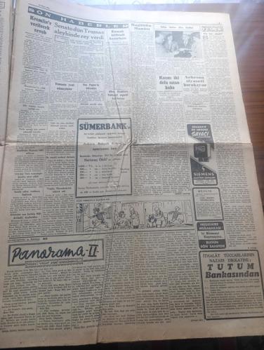 Cumhuriyet Gazetesi - Turkish Newspaper - 23 Nisan 1952 - bugünün manası yazan Abidin Daver Başmakale - 23 Nisan Bayramı - Atatürk ve 23 Nisan resim - yurtta 23 Nisan Milli hakimiyet ve çocuk bayramı dün öğleden sonra başlamıştır - bugün İstanbul'da 23 Nisan dolayısıyla muhtelif semtlerde meydanlarda törenler yapılacaktır - Eminönü ilkokulu öğrencileri saat 10.30'da Sultanahmet meydanında toplanacaklardır - şehir bandosu başta olduğu halde öğrenciler sultanahmet'ten beyaz meydanına gelecekler burada törenle merasim direğine sancak çekecekler - bugün taksim belediye gazinosunda bir çocuk balosu tertip edilmiştir - 23 Nisan'dan bazı hatıralar yazan Hıfzı Veldet Velidedeoğlu - Panaroma yazan Yakup Kadri Karaosmanoğlu Yazı Dizisi - Beşiktaş Corinthians takımını 1-0 yendi Fotoğrafı - Yarın başka bir gündür filmi saray sinemasında - zorla düğün filmi Melek sinemasında - Ay bir televizyon istasyonu olacak - Hulusi Behçet hastalığı mikrobunun bulunuşu hakkında tafsilat - 23 Nisan 1920