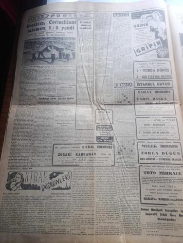 Cumhuriyet Gazetesi - Turkish Newspaper - 23 Nisan 1952 - bugünün manası yazan Abidin Daver Başmakale - 23 Nisan Bayramı - Atatürk ve 23 Nisan resim - yurtta 23 Nisan Milli hakimiyet ve çocuk bayramı dün öğleden sonra başlamıştır - bugün İstanbul'da 23 Nisan dolayısıyla muhtelif semtlerde meydanlarda törenler yapılacaktır - Eminönü ilkokulu öğrencileri saat 10.30'da Sultanahmet meydanında toplanacaklardır - şehir bandosu başta olduğu halde öğrenciler sultanahmet'ten beyaz meydanına gelecekler burada törenle merasim direğine sancak çekecekler - bugün taksim belediye gazinosunda bir çocuk balosu tertip edilmiştir - 23 Nisan'dan bazı hatıralar yazan Hıfzı Veldet Velidedeoğlu - Panaroma yazan Yakup Kadri Karaosmanoğlu Yazı Dizisi - Beşiktaş Corinthians takımını 1-0 yendi Fotoğrafı - Yarın başka bir gündür filmi saray sinemasında - zorla düğün filmi Melek sinemasında - Ay bir televizyon istasyonu olacak - Hulusi Behçet hastalığı mikrobunun bulunuşu hakkında tafsilat - 23 Nisan 1920