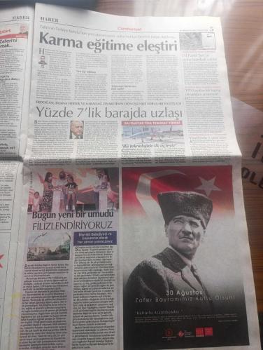 Cumhuriyet Gazetesi - Turkish Newspaper - 30 Ağustos 2021 - Bir ulusun kurtuluşa çağdaşlığa kapı açan büyük zaferinin 99. Yılı - Atatürk'ün fotoğrafı - Turkcell 30 Ağustos kutlama - Mustafa Kemal Atatürk'ün başkomutanlığını yaptığı Büyük taarruz hem kurtuluşun hem laik ve modern Türkiye'nin önünü açtı - Zafer Bayramı'nda ilk tören Anıtkabir'de gerçekleştirilecek - mucizenin adı Mustafa Kemal yazan Zeynep Naz Aktan - Emekli tümgeneral Ahmet Yavuz ile Sakarya Meydan muharebesi alanındaydık 22 gün ve gecenin dönüm noktalarını konuştuk fotoğraf - Zafer Bayramı törenlerle kutlanmalı yazan Cihangir Dumanlı - 30 Ağustos Zafer Bayramı dolayısıyla Beylikdüzü'nde Fettah Can konseri - Esenyurt'ta Oğuz Aksaç Zafer Bayramı konseri - Sakarya savaşı 23 Ağustos 1921 durumu harita - diyanet işleri Başkanı 30 Ağustos hutbesinde yine Atatürk'ün adını geçirmedi - 30 Ağustos mesajları demokrasi ve Afganistan vurgusu - ABB Belediye Başkanı Mansur Yavaş 30 Ağustos mesajı - 30 Ağustos 1922