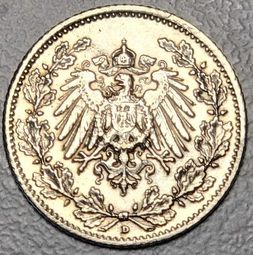 ( GÜMÜŞ ) 1915 - ALMAN İMPARATORLUĞU - 1/2 Mark (D)   ( ÇİL ALTI )