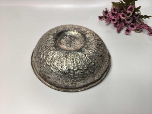 Antika Bakır Hamam Tası - İşlemeli Göbekli - Şifa Tası - Büyük Boy - GÜMÜŞ RENKLİ