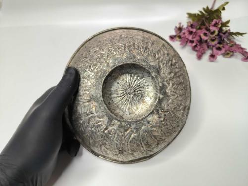 Antika Bakır Hamam Tası - İşlemeli Göbekli - Şifa Tası - Büyük Boy - GÜMÜŞ RENKLİ