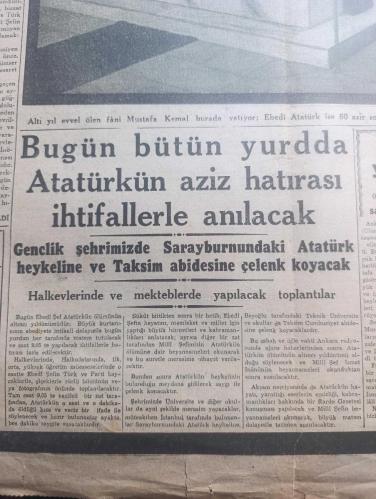 Cumhuriyet Gazetesi - Turkish Newspaper - 10 İkinciteşrin (Kasım) 1944 - büyük milletin büyük atası yazan Nadir Nadi Başmakale - büyük matem günümüz Türk milleti ebedi şefi Kahraman Atatürk'ten altı sene evvel bu sabah ayrılmıştı - Milli Şef İsmet İnönü'nün Türk milletine beyannamesi - Altıncı yıldönümünü Ulus gazetesinin bu sabahki başyazısı - 10 ikinciteşrin çizen Cemal Nadir - altı yıl evvel ölen fani Mustafa Kemal burada yatıyor Fotoğrafı - bugün bütün yurtta Atatürk'ün Aziz hatırası ihtifallerle anılacak - gençlik İstanbul'da sarayburnu'ndaki Atatürk heykeline ve Taksim abidesine çelenk koyacak - halkevlerinde ve mekteplerde yapılacak toplantılar - Atatürk'ten vecizeler - Altıncı yıldönümünde Ata kitap'tan alınacak dersler yazan İsmail Habib Sevük - Halkalı köyünde yapılan okul Dün açıldı - Kızılay yeni aç ocağı açıyor - Atatürk'ü düşünürken hayatiyetimizin büyük timsali yazan profesör M. Şekip Tunç - Amerikalı boksörlerle kimler karşılaşacak - İstanbul şilebi geldi -10 Kasım 1938